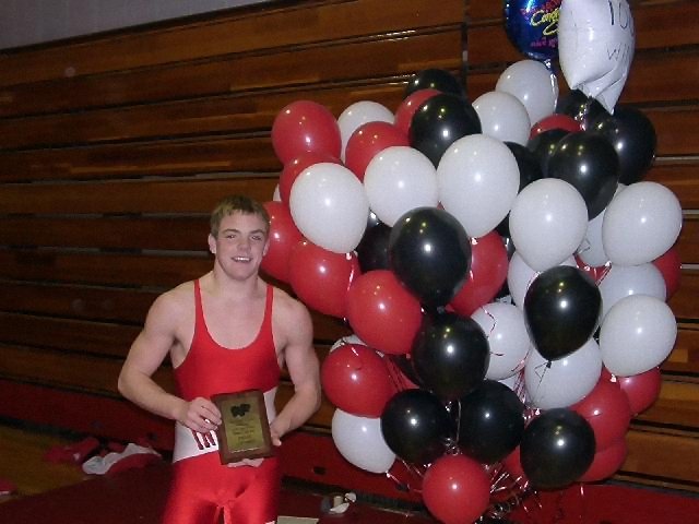 Brian Loehrke with Award Plaque and 100 Balloons For His 100th Victory 12/08/01